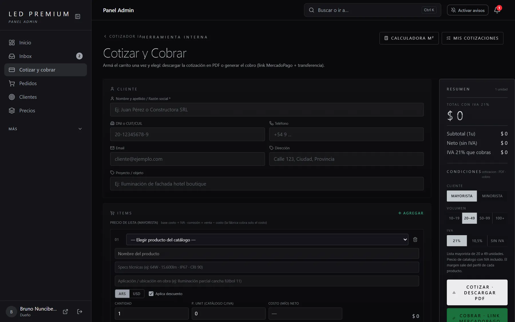 Cotizador con salida a PDF y cobro