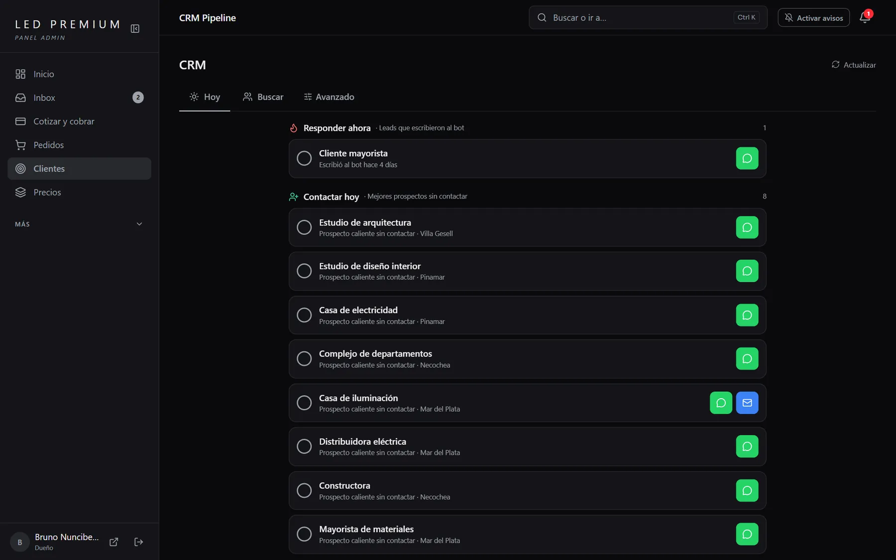 CRM con la lista de tareas del día